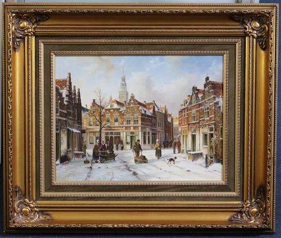 Gert-Jan Veenstra , oil, 19th C Dutch street scene in winter(-)